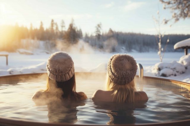 2 Frauen im Whirlpool in einer Schneelandschaft