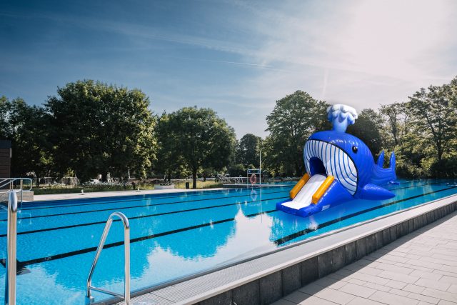 Überdimensionale aufblasbare Wasserrutsche in Walform im Schwimmbecken