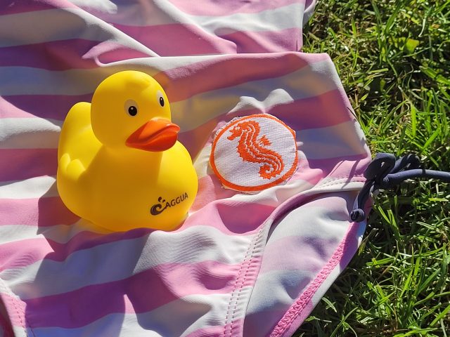 Gestreifter Badeanzug mit Seepferden und gelber Badeente