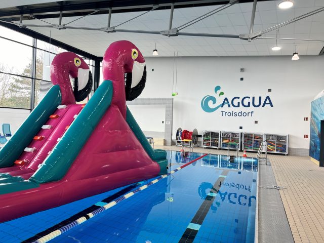 Eine Hüpfburg die aussieht wie ein Flamingo, die im Schwimmbecken treibt